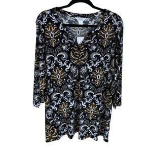 *2/$30* CJ Banks Black Ornate Paisley 3/4 Sleeve V-Neck Stretch Tunic Top 2X
